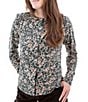 Aventura Amaryllis Floral Print Crew Neck Long Sleeve Smocked Knit Button Front Top, Color:Atlantic Deep - Image 3