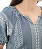 Color:Folkstone - Image 4 - Belmont Jacquard Woven Split Y-Neck Bubble Sleeve Shirttail Hem Top