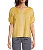 Color:Golden Cream - Image 1 - Belmont Jacquard Woven Split Y-Neck Bubble Sleeve Shirttail Hem Top