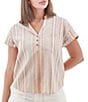 Color:Canyon Sun - Image 1 - Breeze Striped Print Short Sleeve Sustainable Hemp Collared Top