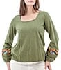 Color:Oil Green - Image 1 - Elsinore Scoop Neckline Embroidered Long Sleeve Top