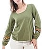 Color:Oil Green - Image 3 - Elsinore Scoop Neckline Embroidered Long Sleeve Top