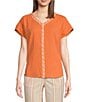 Color:Canyon Sun - Image 1 - Kelford Gauze Woven Embroidered Crew Neck Short Sleeve Top