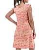 Color:Coral - Image 2 - Printed V-Neck Cap Sleeve Ruched Bodice Side Pocket A-Line Dress