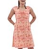 Color:Coral - Image 3 - Printed V-Neck Cap Sleeve Ruched Bodice Side Pocket A-Line Dress