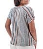 Color:Black Iris - Image 2 - Selma Woven Gauze Stripe Print Split V-Notch Neck Short Sleeve Top