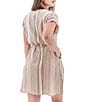 Color:Misty Rose - Image 2 - Selma Woven Organic Cotton Stripe Print V-Neck Short Dolman Sleeve Drawcord Waist Dress