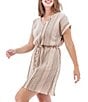 Color:Misty Rose - Image 3 - Selma Woven Organic Cotton Stripe Print V-Neck Short Dolman Sleeve Drawcord Waist Dress