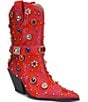 Color:Red - Image 1 - Diligent Floral Brocade Rhinestone Western Mid Boots