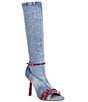 Azalea Wang Emra Denim Buckle Straps Pointed Toe Tall Boots - Image 1