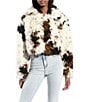 Azalea Wang Enora Cream Abstract Cow Print Sherpa Oversize Neck Zip Front Bomber Jacket, Color:Beige - Image 1