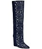 Azalea Wang Gianna Snake Print Denim Pointed Toe Wedge Tall Boots - Image 1