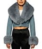Azalea Wang Gisele-Denim Faux Fur Collared Statement Cropped Jacket, Color:Blue - Image 1