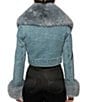Azalea Wang Gisele-Denim Faux Fur Collared Statement Cropped Jacket, Color:Blue - Image 2