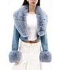 Azalea Wang Gisele-Denim Faux Fur Collared Statement Cropped Jacket, Color:Blue - Image 5