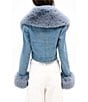 Azalea Wang Gisele-Denim Faux Fur Collared Statement Cropped Jacket, Color:Blue - Image 6