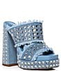 Color:Blue - Image 1 - Kohana Frayed Denim Studded Platform Block Heel Sandals