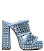 Color:Blue - Image 2 - Kohana Frayed Denim Studded Platform Block Heel Sandals