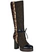 Azalea Wang Mara Houndstooth Spotted Faux Fur Cap Toe Block Heel Platform Tall Boots - Image 1
