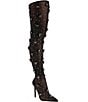 Color:Black - Image 1 - Marlowe Rhinestone Floral Appliqued Sheer Mesh Thigh High Over-the Knee Dress Boots
