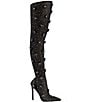 Color:Black - Image 2 - Marlowe Rhinestone Floral Appliqued Sheer Mesh Thigh High Over-the Knee Dress Boots