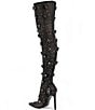 Color:Black - Image 3 - Marlowe Rhinestone Floral Appliqued Sheer Mesh Thigh High Over-the Knee Dress Boots