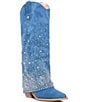 Color:Denim Blue - Image 1 - Mellow Denim Rhinestone Fold Over Western Boots