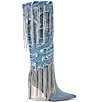 Color:Denim - Image 2 - Mischief Distressed Denim Crystal Fringed Tall Boots