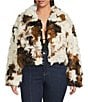 Azalea Wang Plus Size Enora Cream Abstract Cow Print Faux Fur Sherpa Oversize Neck Zip Front Bomber Jacket, Color:Beige - Image 1