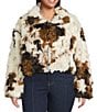 Azalea Wang Plus Size Enora Cream Abstract Cow Print Faux Fur Sherpa Oversize Neck Zip Front Bomber Jacket, Color:Beige - Image 2