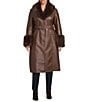 Azalea Wang Plus Size Kaya Faux Fur Leather Oversize Shawl Collar Belted Snap Front Trench Coat, Color:Brown - Image 2