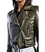Azalea Wang Remy-Olive Soft Faux Leather Notch Collar Belted Zip Front Motor Jacket, Color:Olive - Image 4
