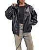Azalea Wang Verlander-Black Faux Leather Stand Collar Snap Front Bomber Jacket - Image 1