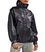 Azalea Wang Verlander-Black Faux Leather Stand Collar Snap Front Bomber Jacket - Image 4