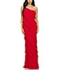 Color:Red - Image 1 - Adjustable Spaghetti Strap One Shoulder Ruffle Maxi Dress