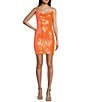 Color:Neon/Orange - Image 1 - Bungee Spaghetti Strap Cowl Neck Sequin Mesh Bodycon Dress