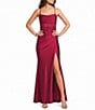 B. Darlin Cowl Neck Spaghetti Strap Rhinestone Illusion Corset Bodice Front Slit Dress - Image 1