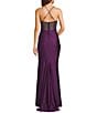 B. Darlin Cowl Neck Spaghetti Strap Rhinestone Illusion Corset Bodice Front Slit Dress, Color:Plum - Image 2