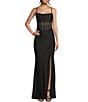 B. Darlin Cowl Neck Spaghetti Strap Rhinestone Illusion Corset Bodice Front Slit Dress, Color:Black - Image 1