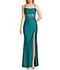 B. Darlin Cowl Neck Spaghetti Strap Rhinestone Illusion Corset Bodice Front Slit Dress - Image 1