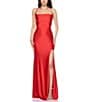 B. Darlin Cowl Pleated Neck Front Slit Lace-Up Back Shiny Knit Long Dress, Color:Red - Image 1