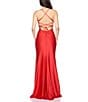 B. Darlin Cowl Pleated Neck Front Slit Lace-Up Back Shiny Knit Long Dress, Color:Red - Image 2