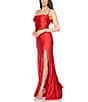 B. Darlin Cowl Pleated Neck Front Slit Lace-Up Back Shiny Knit Long Dress, Color:Red - Image 3
