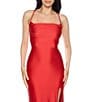 B. Darlin Cowl Pleated Neck Front Slit Lace-Up Back Shiny Knit Long Dress, Color:Red - Image 4