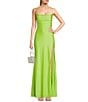 Color:Lime - Image 1 - Cowl Pleated Neck Front Slit Lace-Up Back Shiny Knit Long Dress