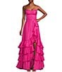 B. Darlin Crepe Organza Sweetheart Neck Spaghetti Strap Cascading Tiered Ruffle Hem Side Slit Lace Up Back Dress, Color:Fuschia - Image 1