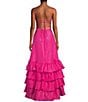 B. Darlin Crepe Organza Sweetheart Neck Spaghetti Strap Cascading Tiered Ruffle Hem Side Slit Lace Up Back Dress, Color:Fuschia - Image 2