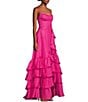 B. Darlin Crepe Organza Sweetheart Neck Spaghetti Strap Cascading Tiered Ruffle Hem Side Slit Lace Up Back Dress, Color:Fuschia - Image 3