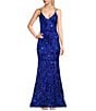 Color:Royal/Holo - Image 1 - Double Spaghetti Strap V-Neck Placement Sequin Long Dress