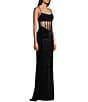 B. Darlin Velvet Drape Neck Illusion Corset Bodice Front Slit Gown, Color:Black/Black - Image 3